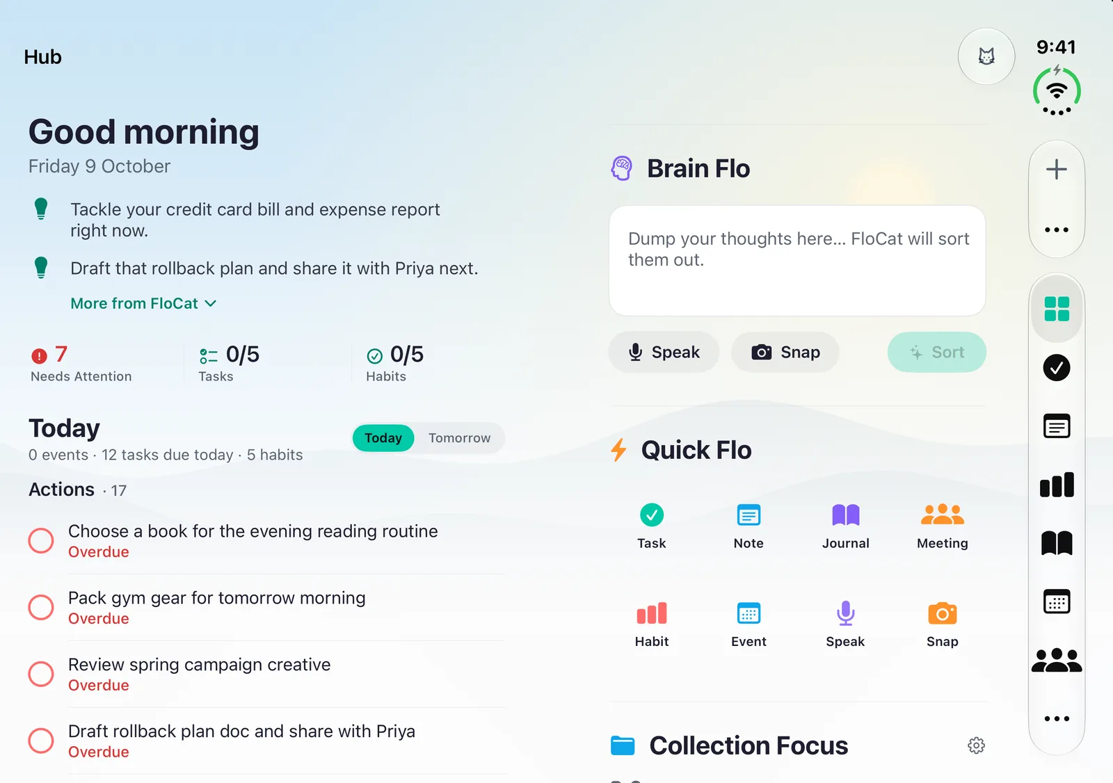 The FloHub Hub on a large screen: FloCat's morning briefing, today's actions, Brain Flo capture and Quick Flo shortcuts