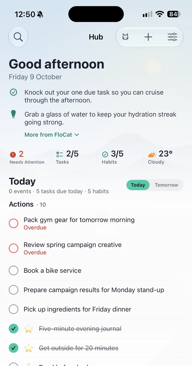 The FloHub iPhone app: the Hub with FloCat's briefing, today's numbers and actions