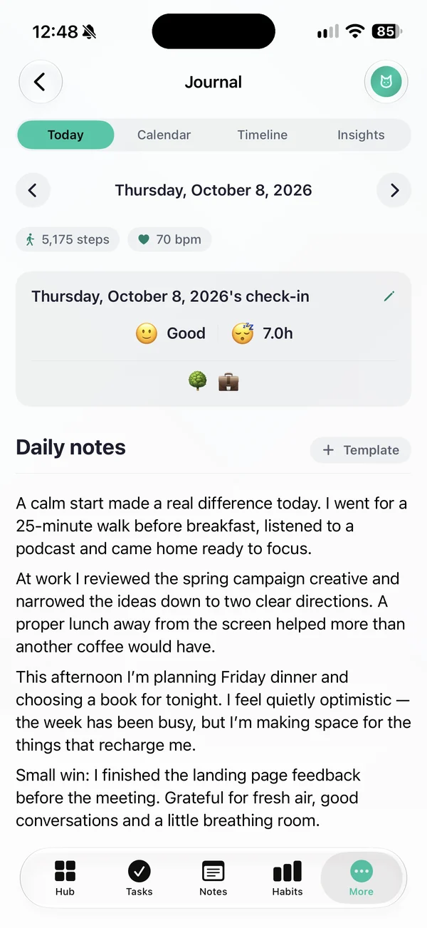 FloHub journal: today's check-in with mood, sleep, steps and heart rate, above the day's notes